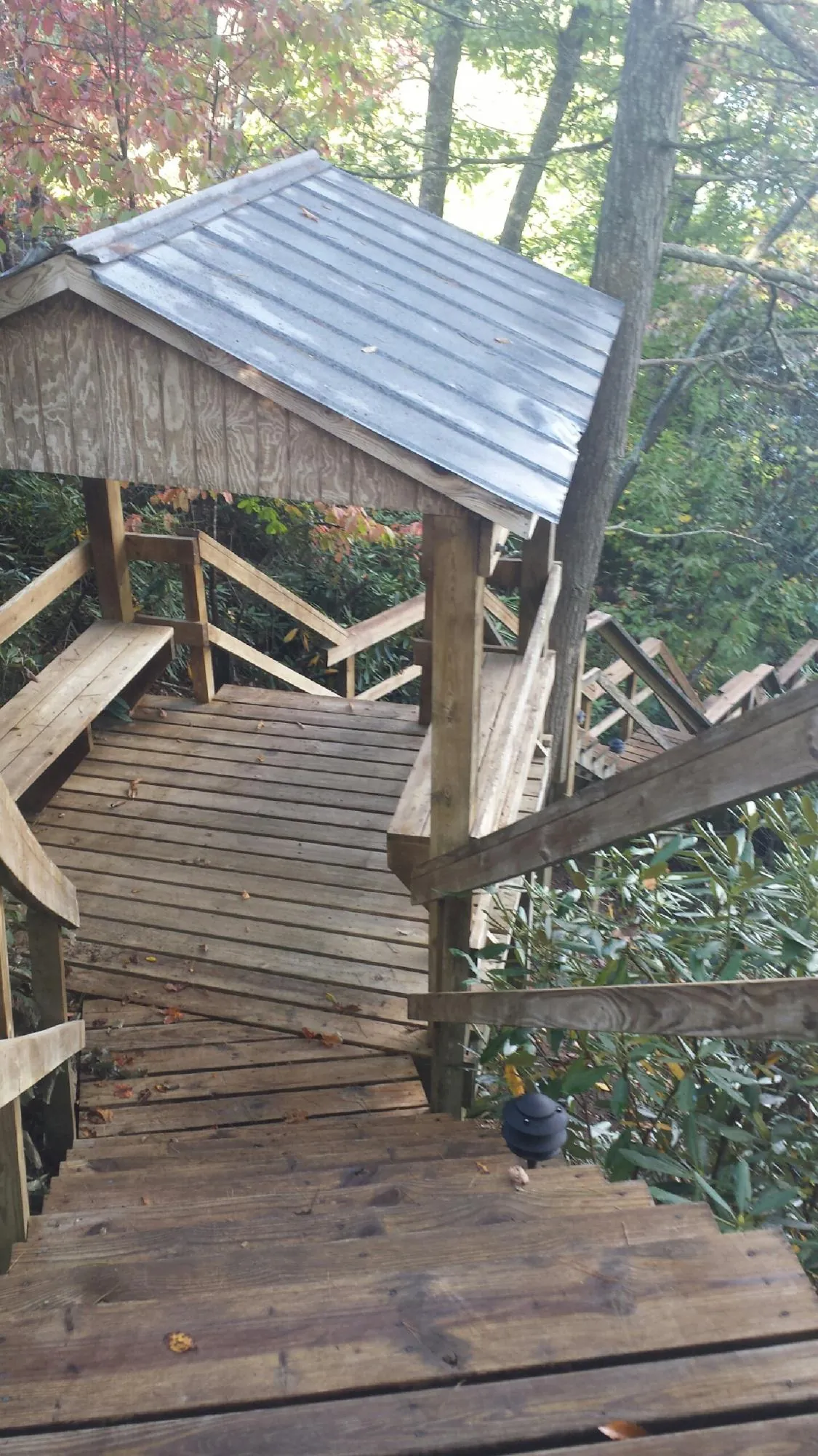 Metal roofed shelter over wooden steps on a wooded walkway — Skylight Repair & Installation work by our crew in Riverton